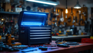 A photograph of capture a photograph of a plano tool box prominently displaying its led screen in a well-lit workshop setting