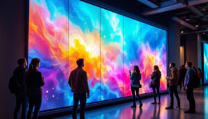 A photograph of a large wall panel featuring a vibrant led display in an engaging environment