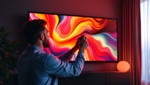 A photograph of a professional installing a sleek led projection screen in a modern home theater setup