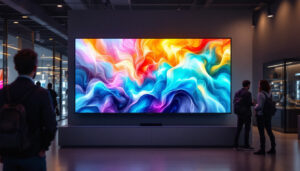 A photograph of a sleek commercial electric slim led display in a modern retail environment