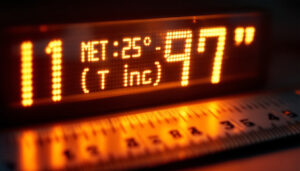 A photograph of a close-up of a digital led display showing a measurement conversion from meters to inches