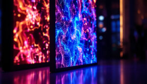 A photograph of capture a photograph of a vibrant electro luminescent panel in a dimly lit environment
