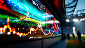 A photograph of a close-up of a vibrant led display showcasing pitch monitoring data in a sports setting