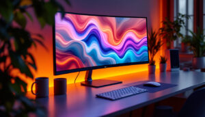 A photograph of a sleek curve desktop setup featuring its vibrant led display in action