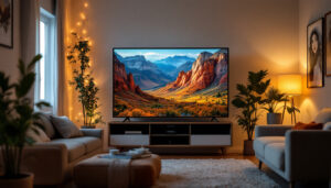 A photograph of a cozy 12x12 room featuring a well-placed led tv