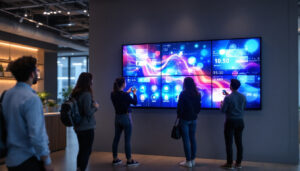 A photograph of a vibrant touchscreen digital signage display in a modern environment