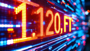 A photograph of a vibrant led display showcasing a clear conversion of 120 feet to meters