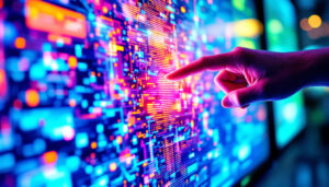 A photograph of a close-up shot of a vibrant touchscreen led display
