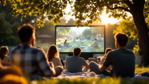 A photograph of a vibrant outdoor scene showcasing a portable led projector in use during daylight