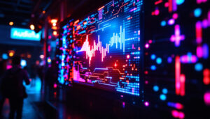 A photograph of a vibrant led display showcasing an engaging audio-visual logo in a dynamic setting