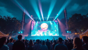 A photograph of a vibrant outdoor event showcasing a large led display panel in action