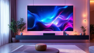 A photograph of a stylish interior featuring a modern led wall display