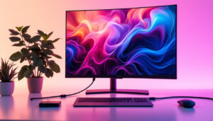 A photograph of a sleek setup featuring an hdmi to displayport 2.1 cable connecting a modern led display to a high-performance laptop or gaming console