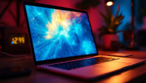 A photograph of a laptop with its screen displaying a vibrant