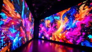 A photograph of a vibrant led display showcasing dynamic visuals and colors