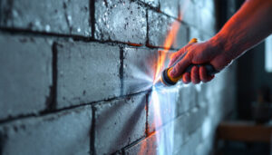 A photograph of a cinder block wall being waterproofed
