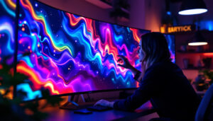 A photograph of a large led computer display monitor showcasing vibrant colors and intricate details