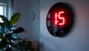 A photograph of a large wall-mounted digital clock with a vibrant led display