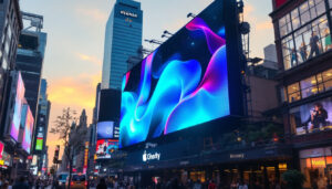A photograph of a large outdoor led display screen showcasing vibrant visuals in a bustling urban environment