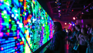 A photograph of a vibrant led display in action during a lively event
