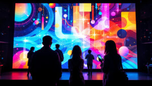A photograph of a vibrant interactive led wall in a dynamic setting
