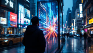 A photograph of a vibrant led window screen displaying dynamic visuals in an urban setting