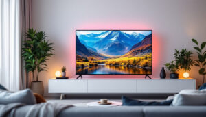 A photograph of capture a photograph of a sleek 40-inch led tv displaying vibrant
