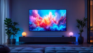 A photograph of a modern digital projector screen displaying vibrant visuals in a well-lit room