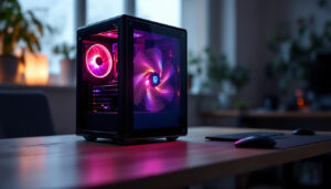A photograph of capture a photograph of a sleek computer case featuring an integrated lcd screen displaying vibrant led graphics