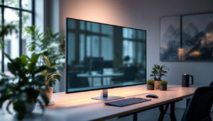 A photograph of a sleek led display setup featuring a privacy screen kit in a modern workspace