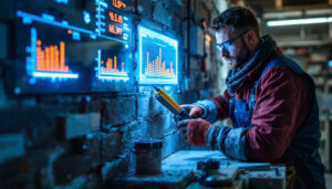A photograph of a skilled tradesperson repairing a block wall