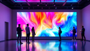 A photograph of a vibrant led display in a modern showroom setting