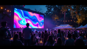 A photograph of a vibrant outdoor setting featuring a large led display screen in use