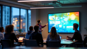 A photograph of a modern classroom featuring a vibrant smartboard in use