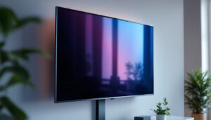 A photograph of a sleek 55-inch led tv mounted on a wall with a stylish pole mount