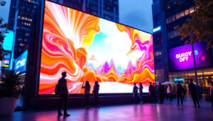 A photograph of a vibrant outdoor setting featuring a large led display in use