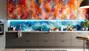 A photograph of a beautifully styled kitchen featuring cabinets adorned with vibrant peel and stick wallpaper