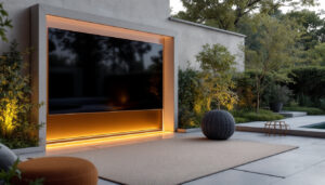 A photograph of a stylish outdoor privacy screen integrated with an led display