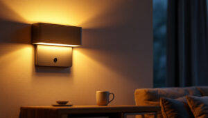 A photograph of a stylish indoor led wall lamp illuminating a modern living space