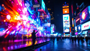 A photograph of a vibrant led display showcasing dynamic visuals and bright colors