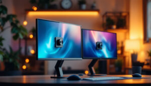 A photograph of a sleek dual monitor setup featuring adjustable arms and stands