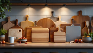 A photograph of a beautifully arranged kitchen scene featuring various cutting boards illuminated by soft led lights