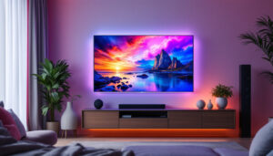 A photograph of capture a photograph of a modern living room setup featuring a large 5k led tv displaying vibrant