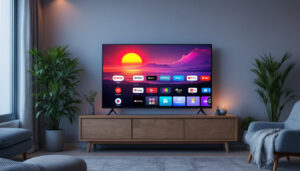 A photograph of capture a photograph of a sleek 16-inch led smart tv showcasing vibrant colors and sharp images