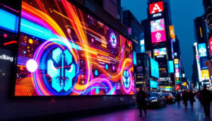 A photograph of a vibrant led display in a bustling urban setting