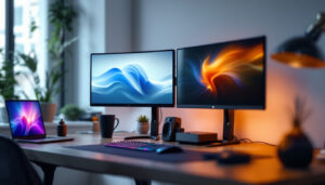 A photograph of a sleek double portable monitor setup in a modern workspace