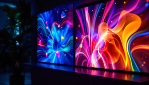 A photograph of a vibrant led display in a modern showroom setting