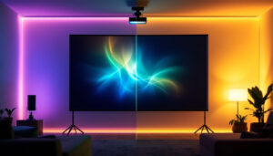 A photograph of a side-by-side comparison of an lcd projector and an led projector in a dimly lit room