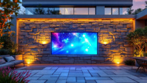 A photograph of a striking exterior installation of rock wall panels featuring an integrated led display