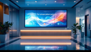A photograph of a modern hospital lobby featuring a vibrant led digital signage display